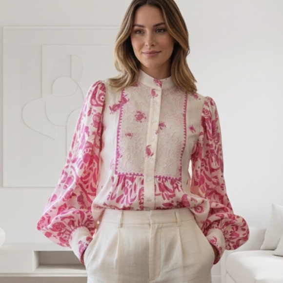 Alemais Esmerelda 100% Silk Greek Eye Print Pink Cream Long Sleeve Blouse Size 2